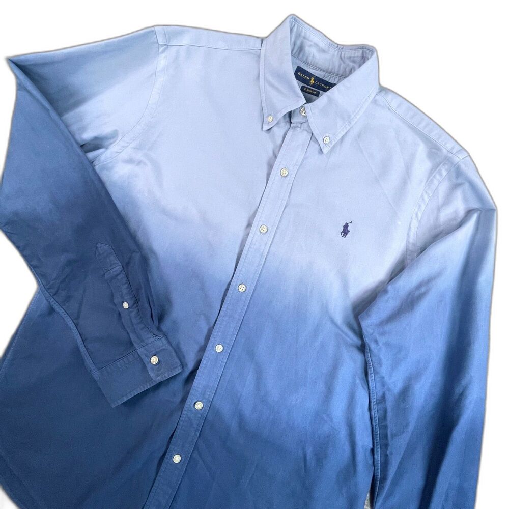 Polo Ralph Lauren Large Blue Ombre Dip Dye Button Down Classic Fit Shirt Preppy